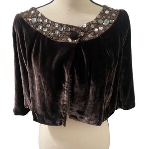 JOOLAY brown jeweled‎ silk/ velvet sleeved caplet